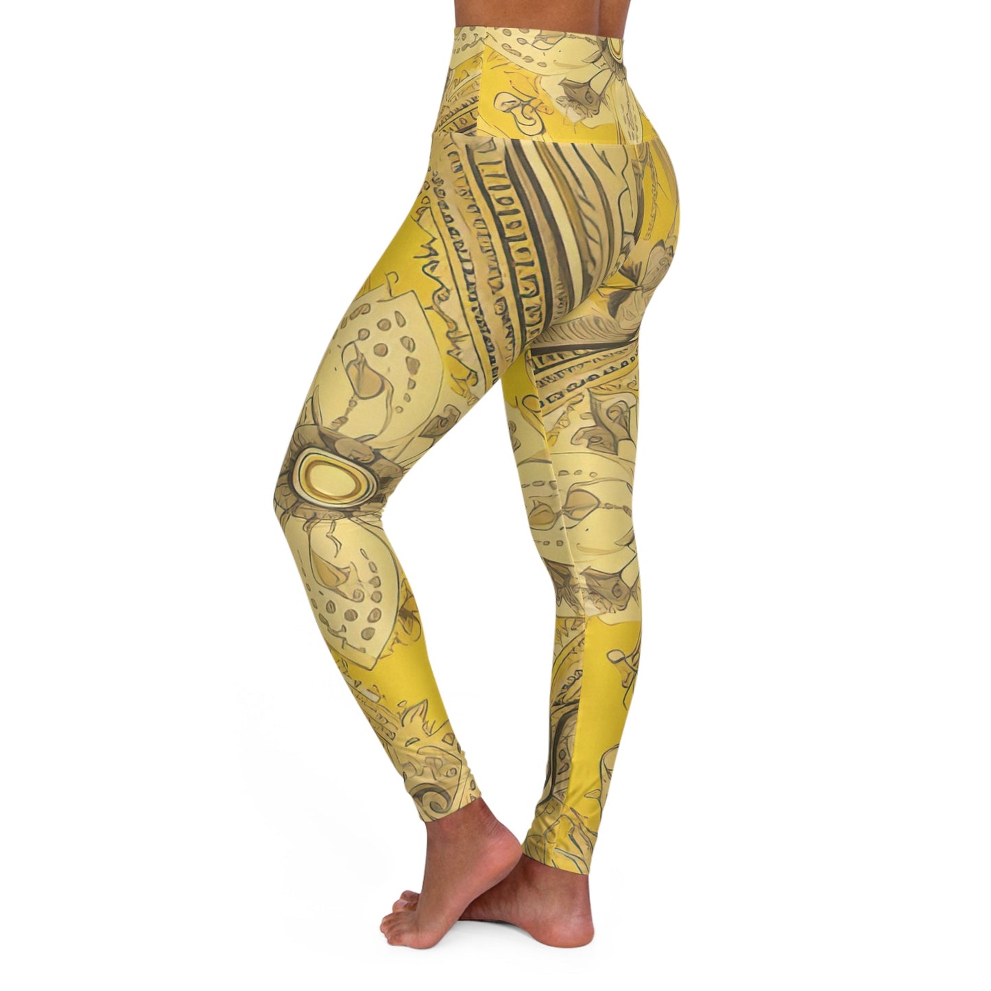 Womens High-waist Fitness Legging Yoga Pants - Floral Yellow Bandanna