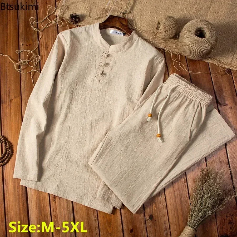 Cotton Linen  Men's Long-sleeved Shirt & Pants